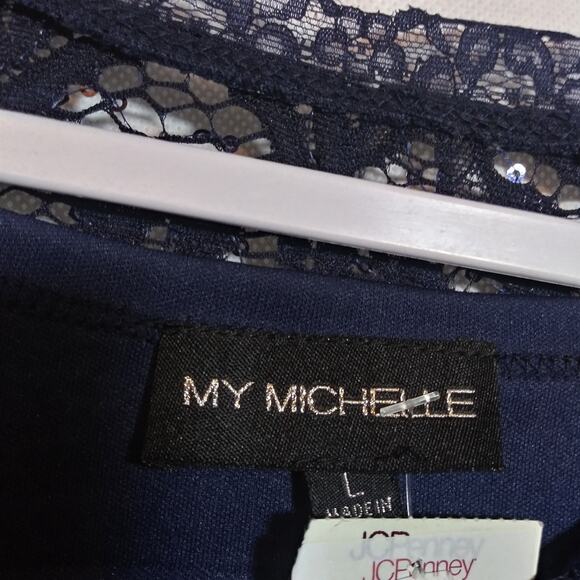 My Michelle Navy Blue Lace & Sequin Bodycon Dress Event Classic Size L - Picture 5 of 8